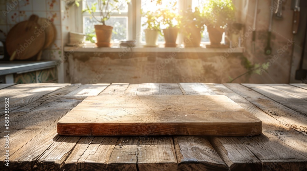 Sunlit rustic kitchen with a wooden cutting board on a weathered table, potted plants on the windowsill, creating a cozy and warm atmosphere. Sunlit rustic kitchen with a wooden cutting board on a weathered table, potted plants on the windowsill, creating a cozy and warm atmosphere.