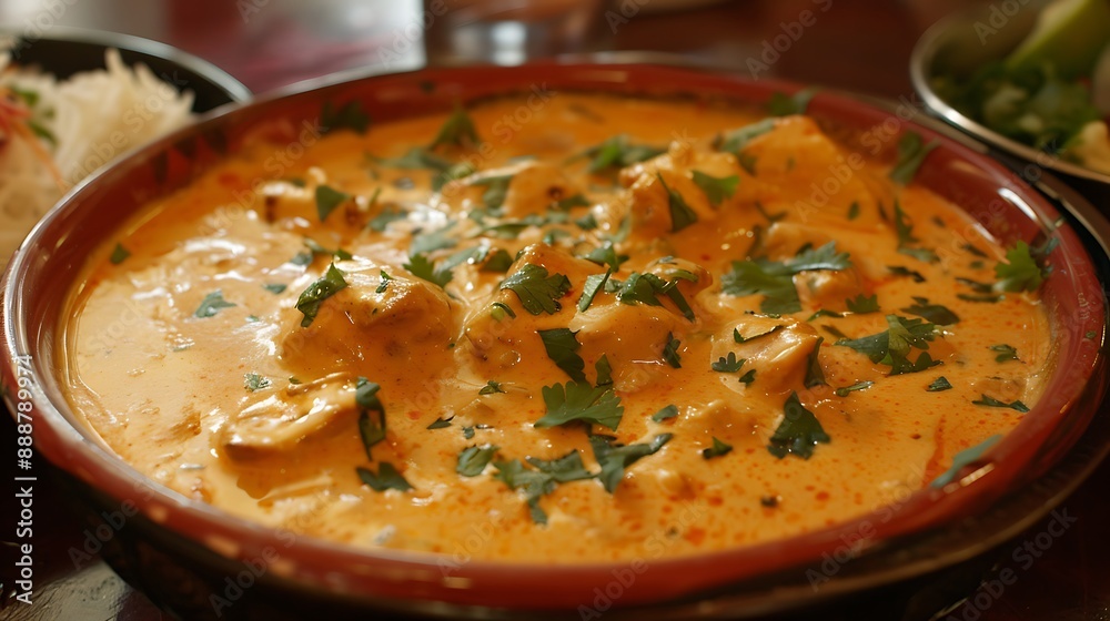 Butter chicken on an iron table in a red bowl