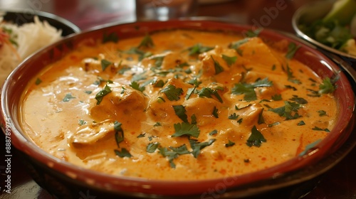 Obraz na płótnie Butter chicken on an iron table in a red bowl w salonie
