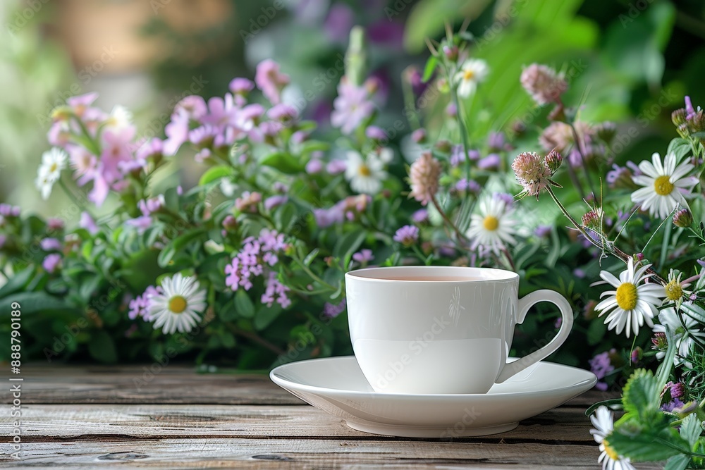 Empty tea cup on a garden table with flowers and greenery around Empty tea cup on a garden table with flowers and greenery around