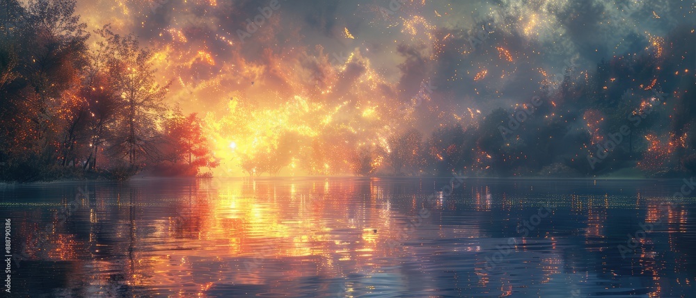 Fototapeta premium Ethereal Glow: A Serene Forest Reflecting on a Still Water