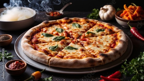 Cheese pizza with garlics, spicy and tomatoes. 