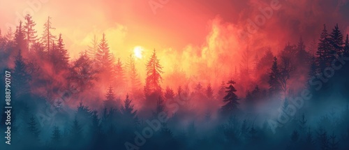 Ethereal Twilight: A Mystical Forest Bathed in Golden and Crimson Hues © muhamad