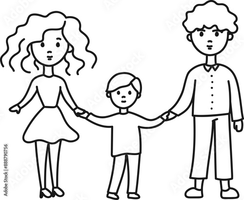 Mom dad son holding hands. Linear hand drawn drawing, vector isolated on white background