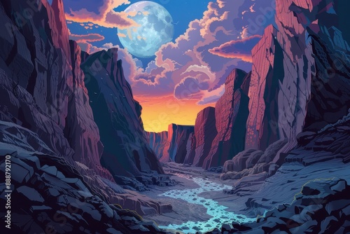 Mystical canyon landscape with river full moon and vibrant sky