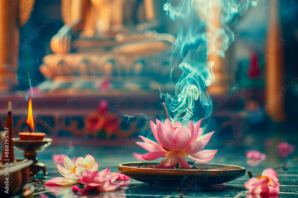 A serene Buddha statue meditates amidst glowing lotus flowers in a sacred temple setting. The warm ambient lighting creates a peaceful evening mood A serene Buddha statue meditates amidst glowing lotus flowers in a sacred temple setting. The warm ambient lighting creates a peaceful evening mood
