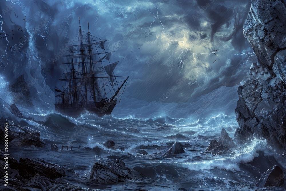 Obraz premium A wooden ship sails through a stormy sea with dark clouds and lightning