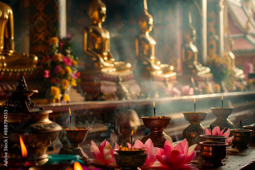A serene Buddha statue meditates amidst glowing lotus flowers in a sacred temple setting. The warm ambient lighting creates a peaceful evening mood A serene Buddha statue meditates amidst glowing lotus flowers in a sacred temple setting. The warm ambient lighting creates a peaceful evening mood