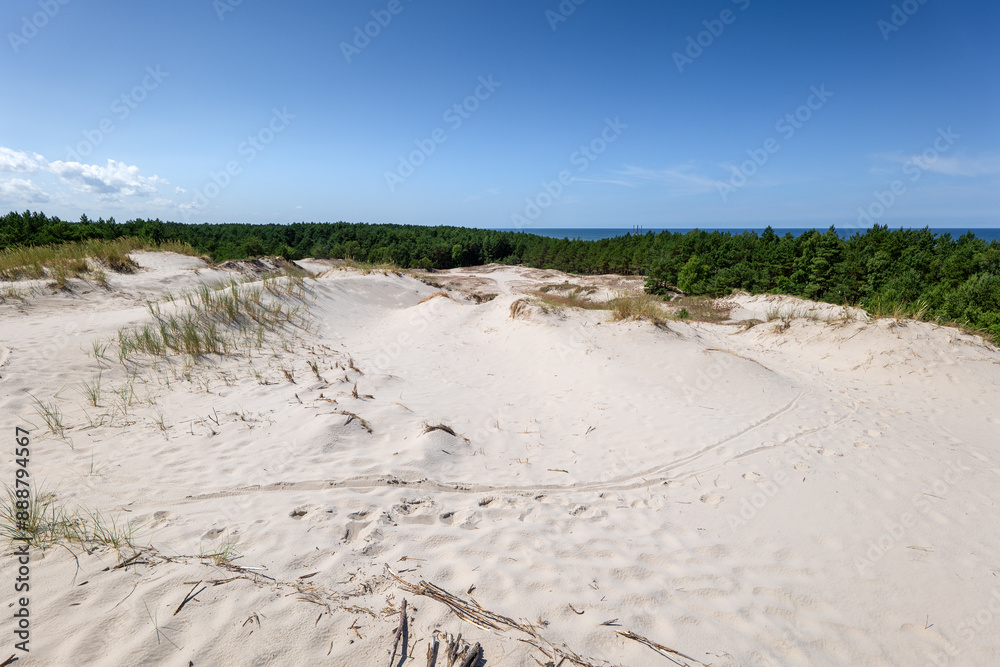 Beautiful Lubatów dunes. View from the observation deck towards the dunes and the Baltic Sea. Viewpoint..Lubiatowo, Poland