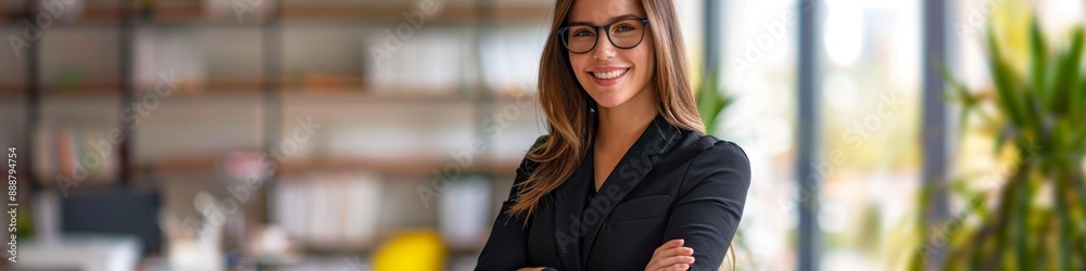 Fototapeta premium Portrait of a Happy Smiling Confident Businesswoman Wearing Glasses, Standing with Arms Crossed. Corporate Female Manager, Successful Career in Company Work, CEO Girl. AI-Generated, 4K High-Definition