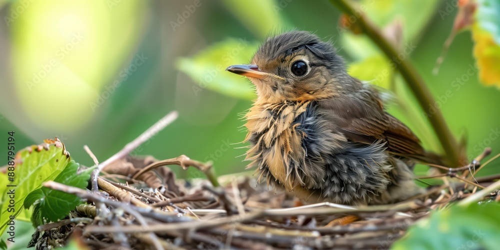 A baby robin preparing to leave the nest for the first time A baby robin preparing to leave the nest for the first time