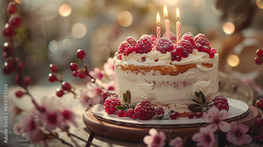 birthday cake and flowers on bokeh background birthday cake and flowers on bokeh background