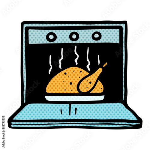 Whole turkey baked in oven. Hand drawn halftone color vector illustration.