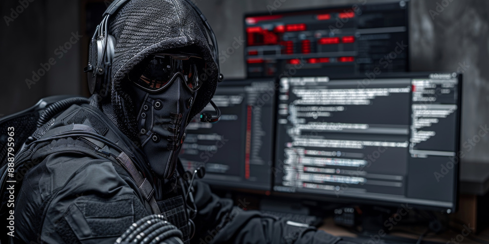 Side view of hacker using computer with creative digital tech circle on blurry dark office background. Big data, hacking and technology concept. Double exposure. Side view of hacker using computer with creative digital tech circle on blurry dark office background. Big data, hacking and technology concept. Double exposure.