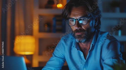 A man in glasses sits at his desk working late into the night on his laptop. The blue light from the screen illuminates his face and creates a warm glow in the room.
