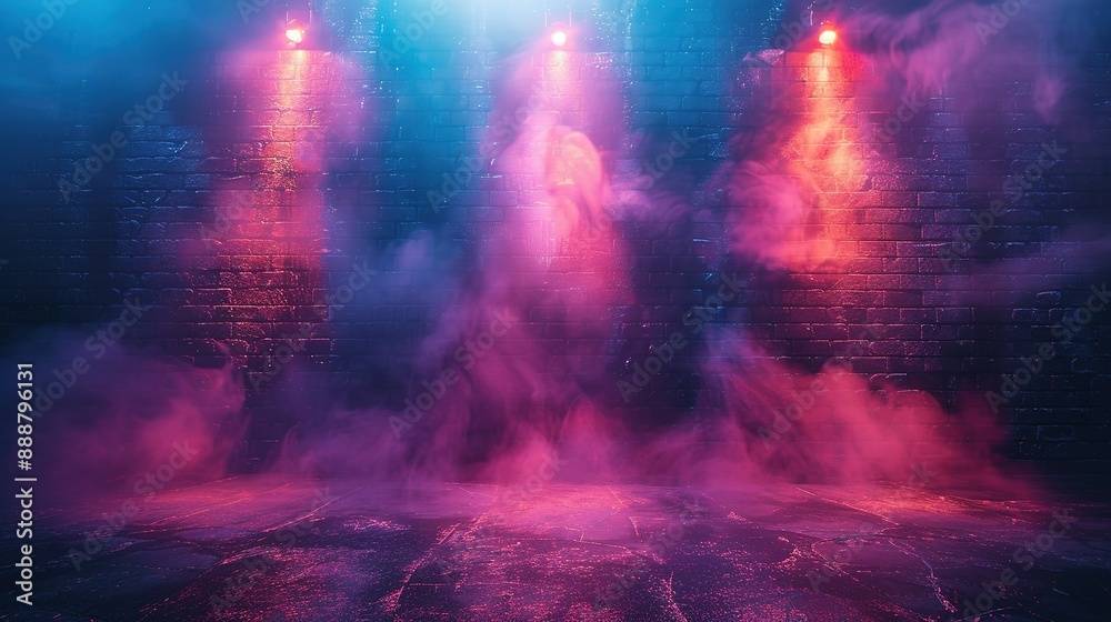 Fototapeta premium Dark Scene with Neon Spotlights: Brick Wall Background Display