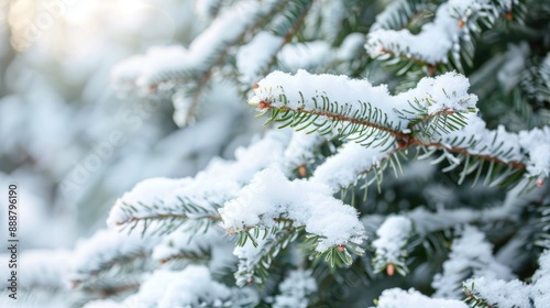 Snow covered branches of a Christmas tree in winter as a backdrop