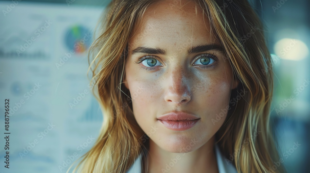 Close-up portrait of a young woman with blue eyes looking directly at the camera Close-up portrait of a young woman with blue eyes looking directly at the camera