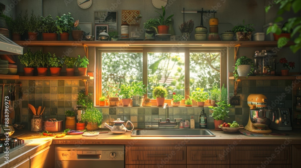 Cozy kitchen with sunlight and indoor plants - generative ai