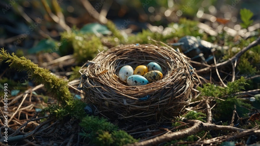 A birds nest intricately woven from natural materials, interspersed with plastic waste, highlighting the impact of pollution and microplastics on wildlife and nature. AI generated. A birds nest intricately woven from natural materials, interspersed with plastic waste, highlighting the impact of pollution and microplastics on wildlife and nature. AI generated.