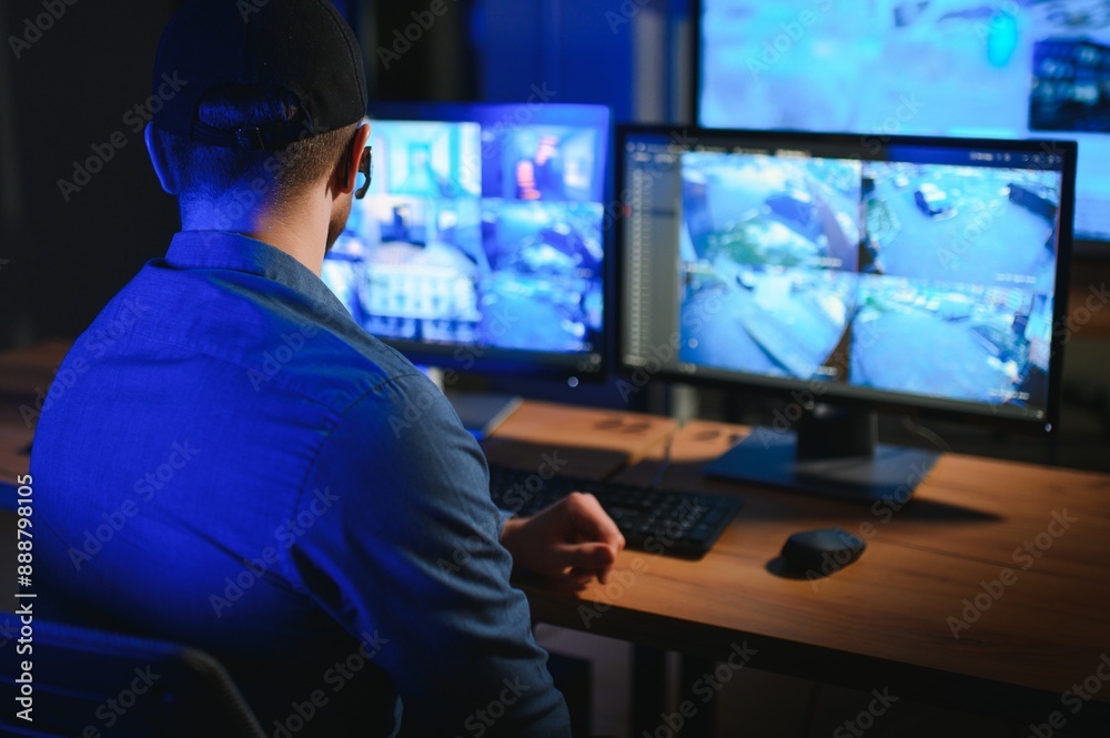 Security operator controls CCTV cameras in office at night. Modern security system and social safety concept Security operator controls CCTV cameras in office at night. Modern security system and social safety concept