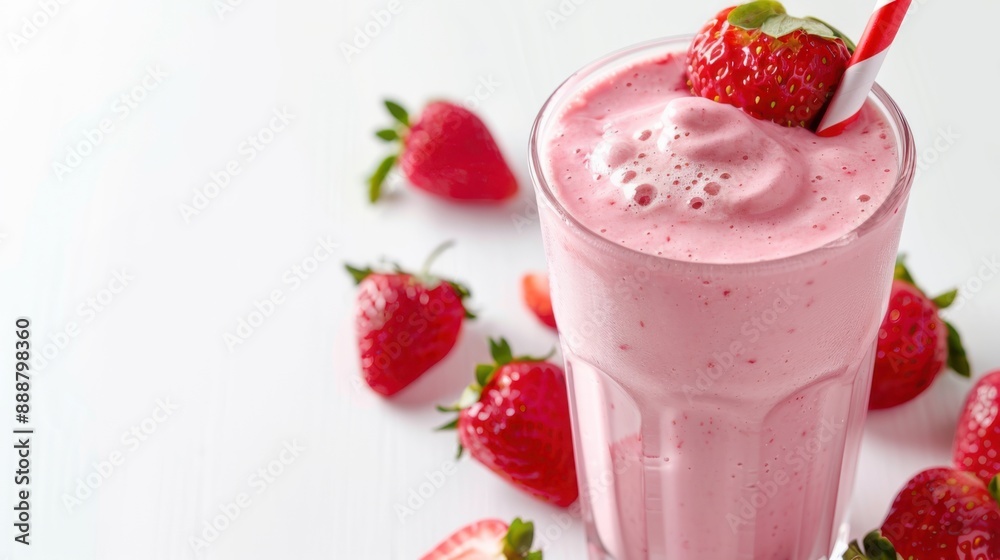 Strawberry juice smoothie in glass with fresh strawberry isolated on white background