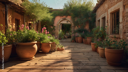 Fototapeta Naklejka Na Ścianę i Meble -  street in the village, street cultivated with plants and flowers