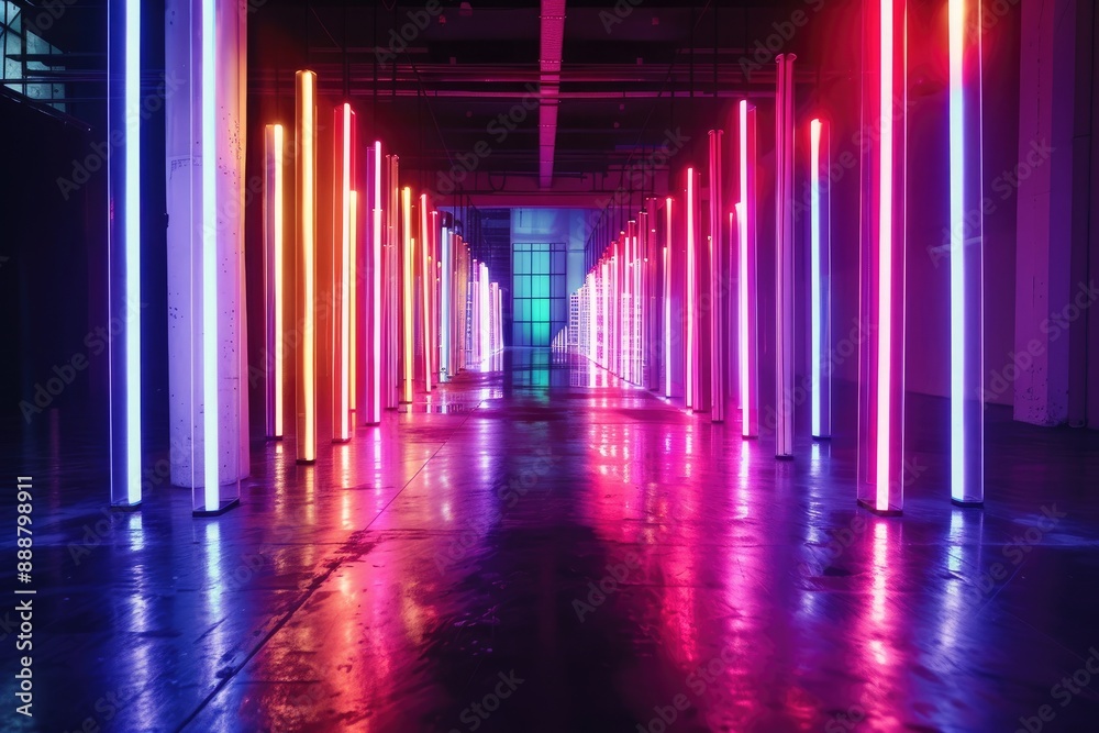 The hallway is aglow with neon lights, creating a vibrant and futuristic atmosphere, Bright neon lights dancing in the darkness, AI generated The hallway is aglow with neon lights, creating a vibrant and futuristic atmosphere, Bright neon lights dancing in the darkness, AI generated