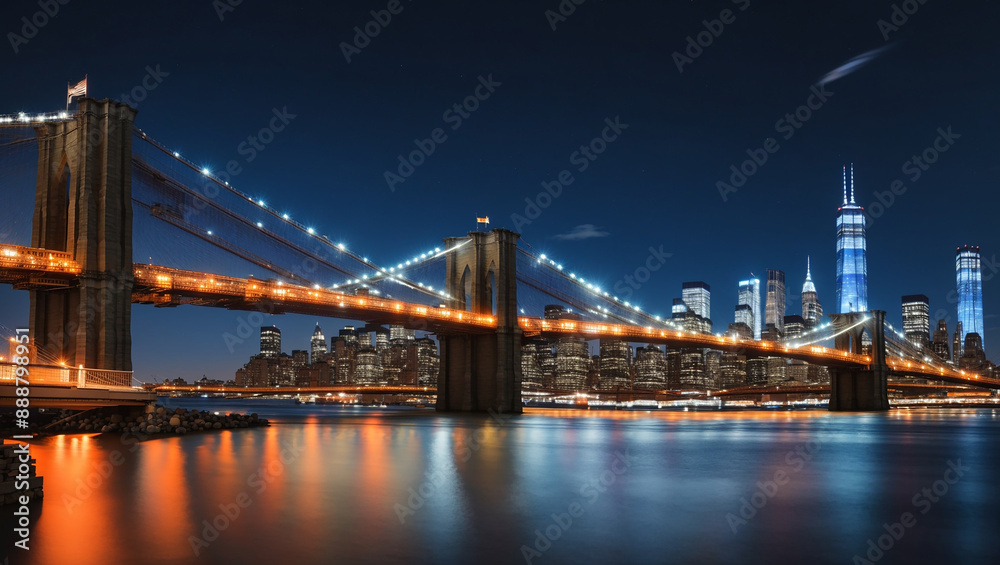Fototapeta premium nighttime view of the Brooklyn Bridge in New York City, with the cityscape and the reflection of the lights in the water.