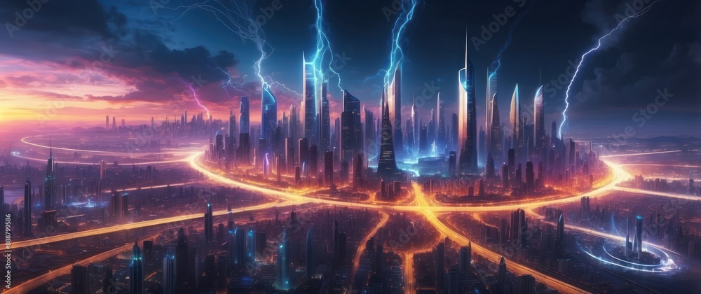 Fototapeta premium A vibrant night view of a futuristic city with lightning and neon lights, featuring tall skyscrapers and a dramatic, cyberpunk atmosphere
