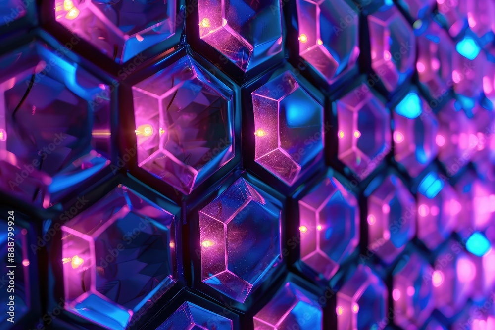 Illuminated wall with purple and blue lights, creating a vibrant and colorful display, Brightly lit hexagon motif background, Ai generated Illuminated wall with purple and blue lights, creating a vibrant and colorful display, Brightly lit hexagon motif background, Ai generated