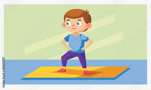 A Little Boy Balances on a Yoga Mat, Isometric Illustrations on Blue Background