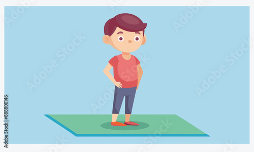 A Little Boy Balances on a Yoga Mat, Isometric Illustrations on Blue Background