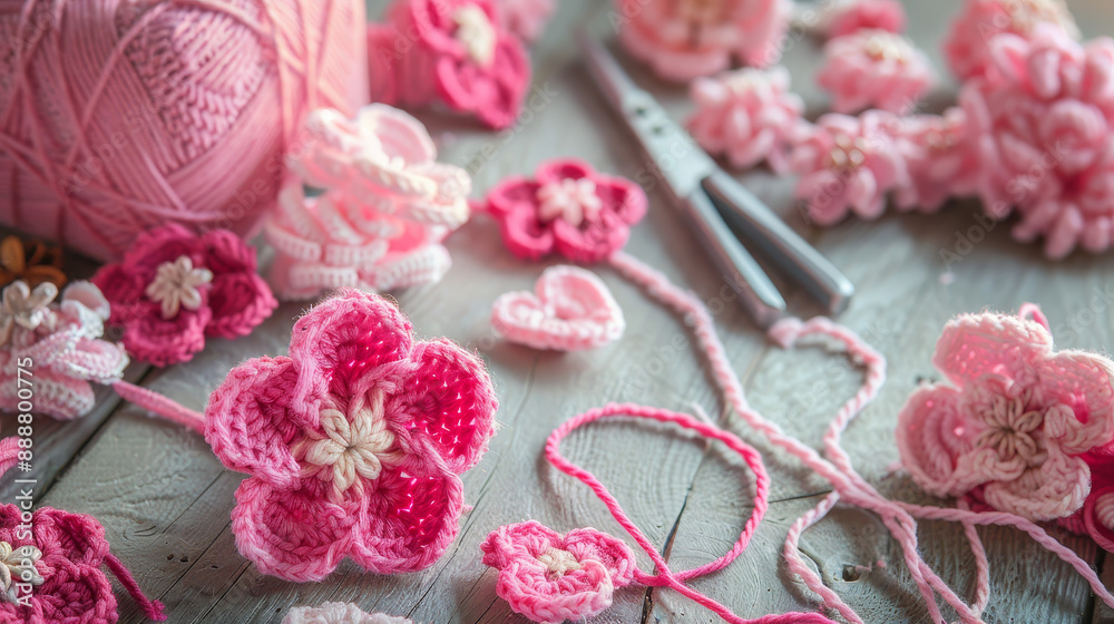 handmade heart pattern and crocheting supplies, including assorted colored wool yarn, a crochet hook, and knitting materials, handmade heart pattern and crocheting supplies, including assorted colored wool yarn, a crochet hook, and knitting materials,