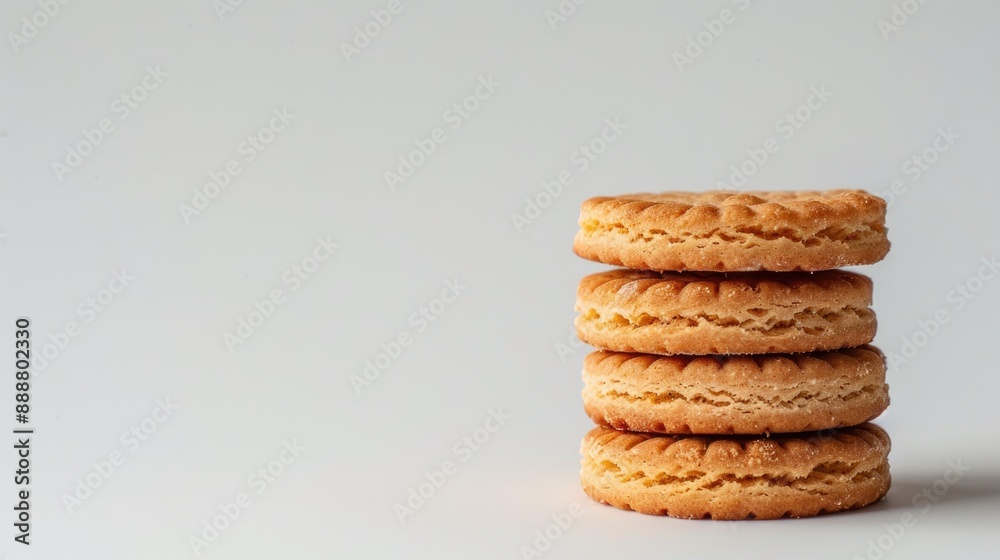 Three round biscuits stacked on white background with space for text Three round biscuits stacked on white background with space for text