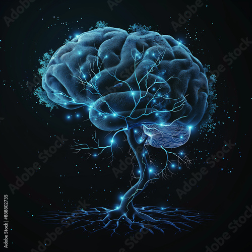 Glowing Brain with Tree Roots: Futuristic Neural Connections