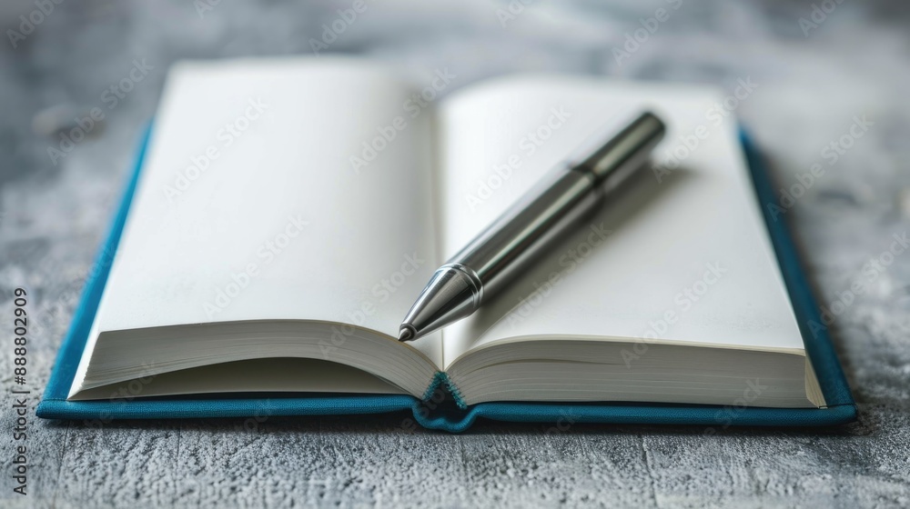 Open notebook with silver pen on textured surface for inscription Close up Open notebook with silver pen on textured surface for inscription Close up