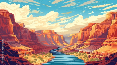 A depiction of the majestic Grand Canyon featuring towering cliffs and a flowing river.