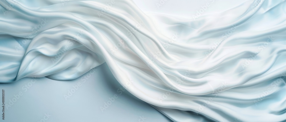 Obraz premium A tight shot of white fabric, displaying a wave-like design at its edges against a light blue backdrop