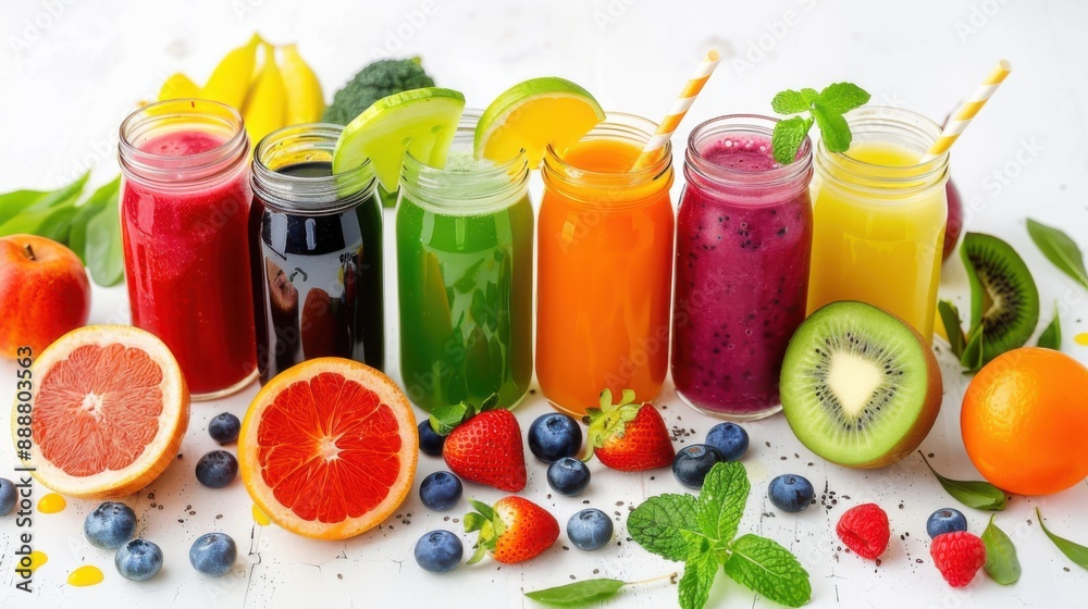 Set of fruit and vegetable and berries juice on white background ,Fresh fruit juices in glasses with straws on wooden table outdoors Set of fruit and vegetable and berries juice on white background ,Fresh fruit juices in glasses with straws on wooden table outdoors