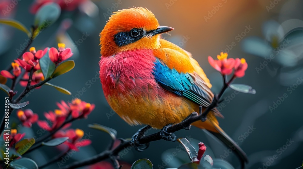 Colorful bird on a branch with flowers - generative ai Colorful bird on a branch with flowers - generative ai