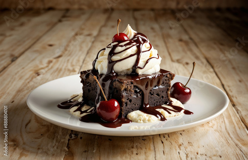 Brownie Sundae: A decadent treat, this sundae features a warm brownie topped with vanilla ice cream, hot fudge, whipped cream, and a cherry.