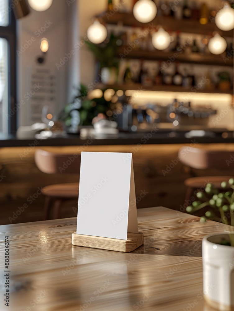 Display a sample table tent design with a menu holder on a table using digital graphics. Display a sample table tent design with a menu holder on a table using digital graphics.
