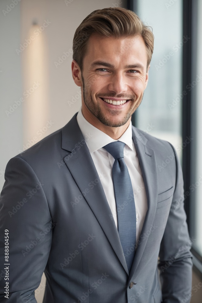 Smiling caucasian businessman in gray suit and tie standing in modern office setting Smiling caucasian businessman in gray suit and tie standing in modern office setting