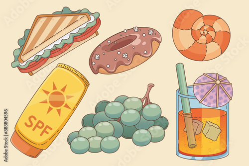Food and elements for summer beach vacation and picnic. Cartoon vector cute meals and objects - sandwich and donut, grape and cold cocktail or juice in glass, sunscreen cream in tube and seashell.