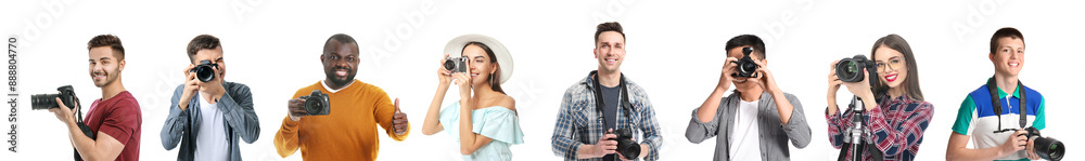 Group of different people with photo cameras on white background Group of different people with photo cameras on white background
