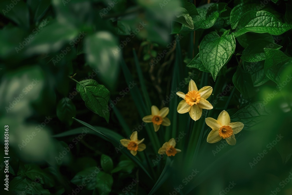 Pair of white flowers and green leaves in grass, Daffodils peeking out from green foliage, AI generated Pair of white flowers and green leaves in grass, Daffodils peeking out from green foliage, AI generated