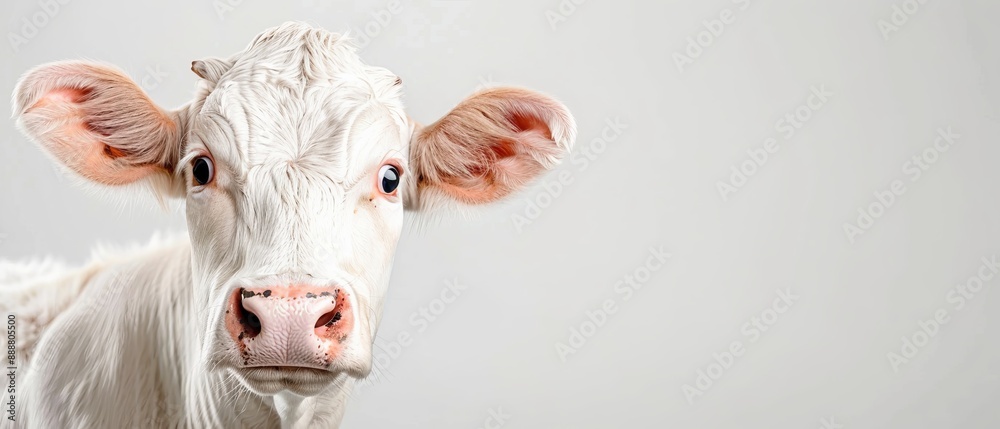 A tight shot of a white cow's expressive face gazing at the camera, set against a backdrop of a pristine white wall A tight shot of a white cow's expressive face gazing at the camera, set against a backdrop of a pristine white wall