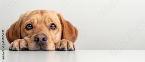  A tight shot of a dog resting its head on a table, paws reaching over the edge