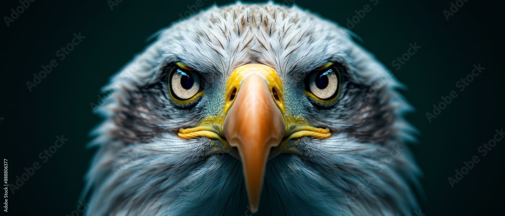 A tight shot of an eagle's intense face, its yellow beak prominent, against a backdrop of deep blacks The eagle's body, adorned with blue and A tight shot of an eagle's intense face, its yellow beak prominent, against a backdrop of deep blacks The eagle's body, adorned with blue and